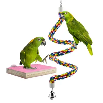 

2 Pcs/set Bird Perches Wood Stand Playground Paw Grinding Rope Parrot Cage Climbing Ropes Swing Spiral Standing Toy