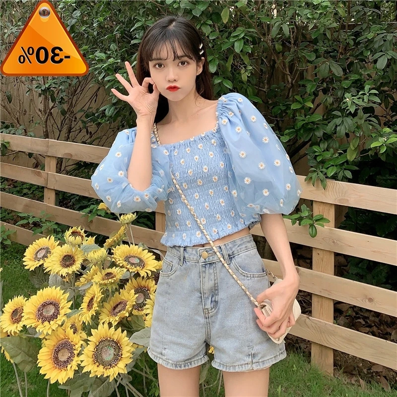 Summer New 2020 Retro Puff Sleeve Embroidered off