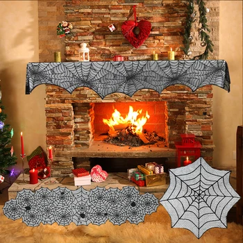 

1pc Black Lace Spider Web Tablecloth Halloween Festival Decoration Knitted Cobweb Fireplace Decor Home Kitchen Supplies