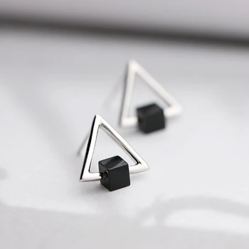 

925 Sterling Silver Black Square Hollow Triangle Stud Earrings For Women Gift Hypoallergenic Sterling-silver-jewelry