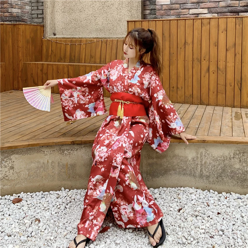 Traditional Cute Kimono Dress for Women Japanese New Year Long Sleeve Vintage Yukata with Belt Girls Kawaii Furisode Performance