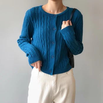 

Yeeloca Autumn Vintage Hemp Pattern Knitted Sweater Women's Casual Outwear O-neck Cardigan Korean Lazy Style Loose Sweater