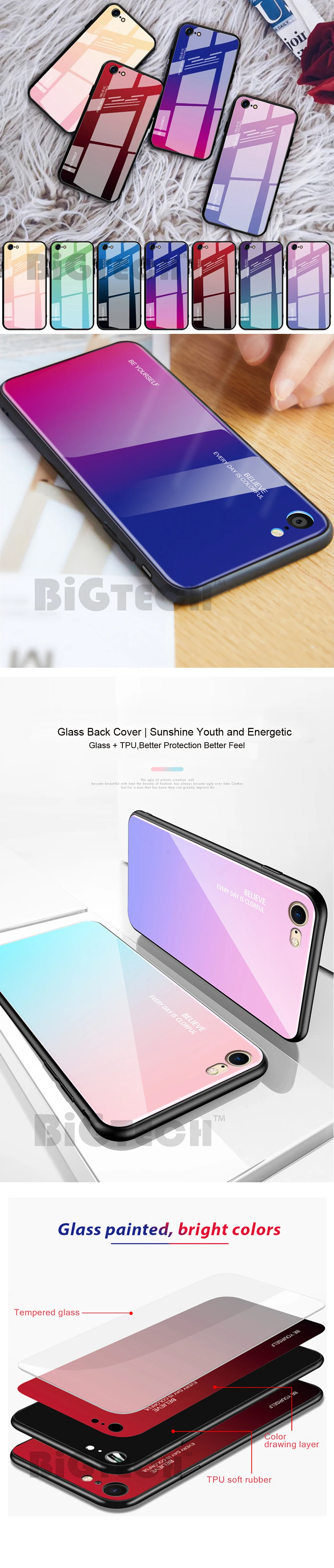 BiGTECH For iPhone XR Case Multicolour Glass Cover for iPhone 7 Plus i8 6s Plus Soft Edge Glass Case for iPhone XR XS Max Coque (7)