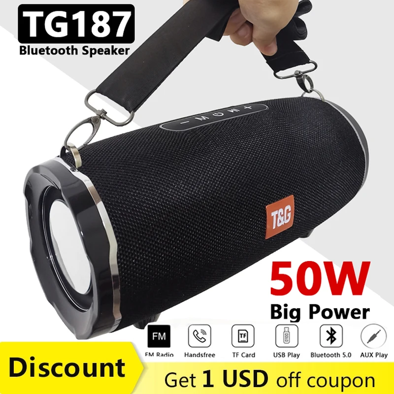 TG187 Altavoz Bluetooth de 50 W de alta potencia BT5.0 Columna portátil impermeable para exteriores Potente altavoz para altavoces de computadora Subwoofer BoomBox 3DStereo Music Center System Soporte TF FM AUX