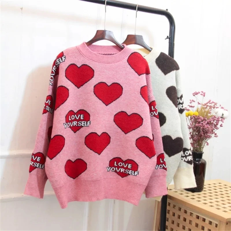 

Autumn Women Oversized Sweater and Pullovers Oneck Heart Pattern Printed Pull Jumpers Long SLeeve Pink Streetwear Knit Tops