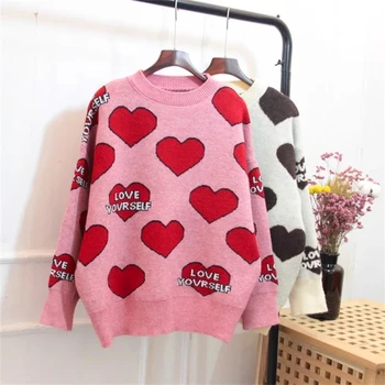 

Women's round neck oversized pullover sweaters sweet heart letters printed long-sleeved pink sweater streetwear knit tops