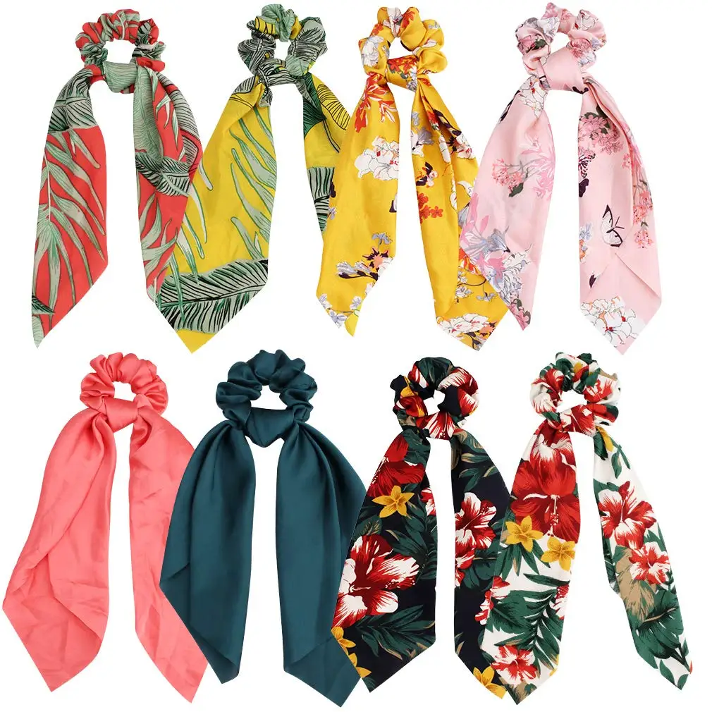 

Hair Accessories Scrunchies for Hair, 8 Pcs Long Silk scrunchies Beach Style Satin Fashion Elastic Hair Ties Ponytail Holder