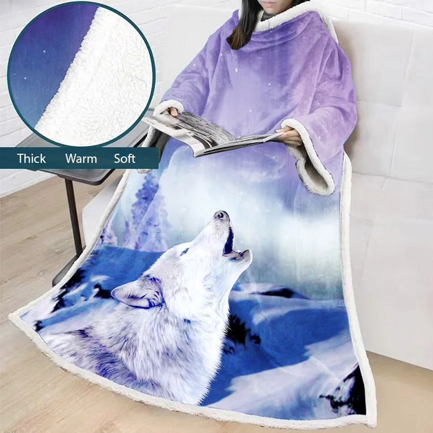 

Soft Warm Wolf Lazy Blanket Winter Wearable Thick 3D Print Sofa Blanket New Designed For Adults Kids Home Travel With Sleeves