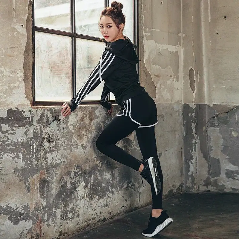 

lady Suit Set Three-Piece Set Long Sleeve Large Size Fitness Suit for Fall/Winter Women Slim Fake Two-Piece Running Pants