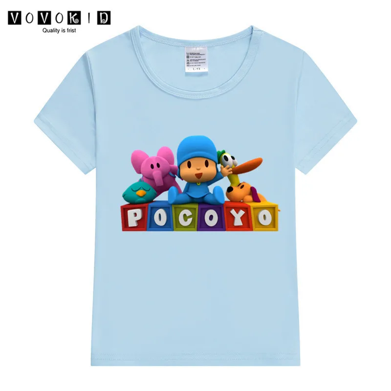 Забавная футболка с принтом «Pocoyo» для маленьких девочек и мальчиков, Детская летняя футболка, рубашка на День Благодарения - Цвет: T127O-skyblue