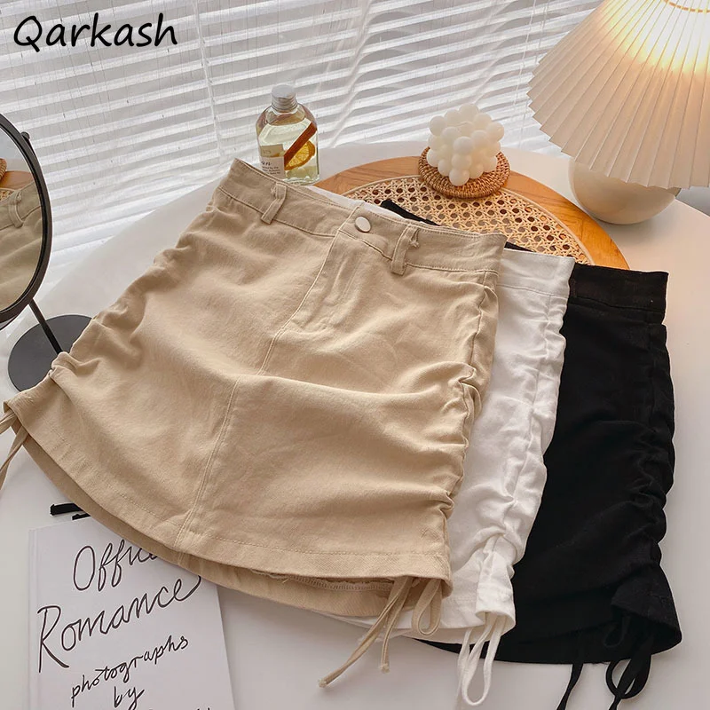 

Skirts Women Harajuku Simple Solid Empire Fashion Shirring Casual A-line Faldas All-match Summer Loose Elegant Office Lady Chic