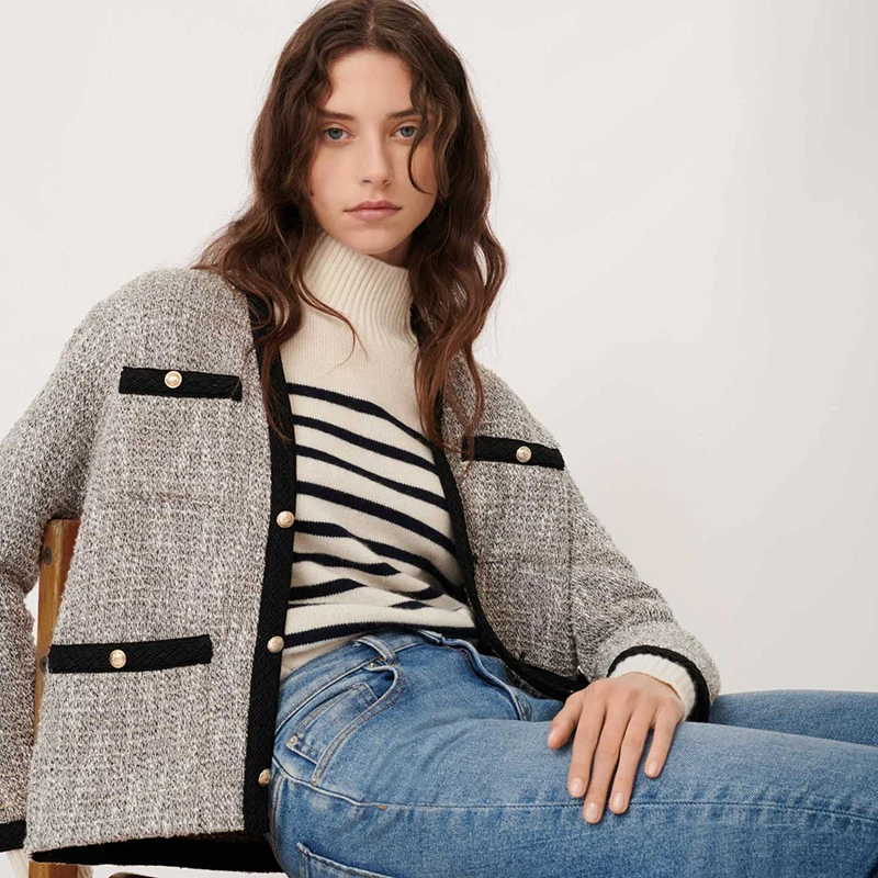 

Tweed Lurex Jacket Women Autumn Chic V Neck Long Sleeve Bottons Sweet Coton Jackets 2020 Office Lady Winter Coat Tops Women