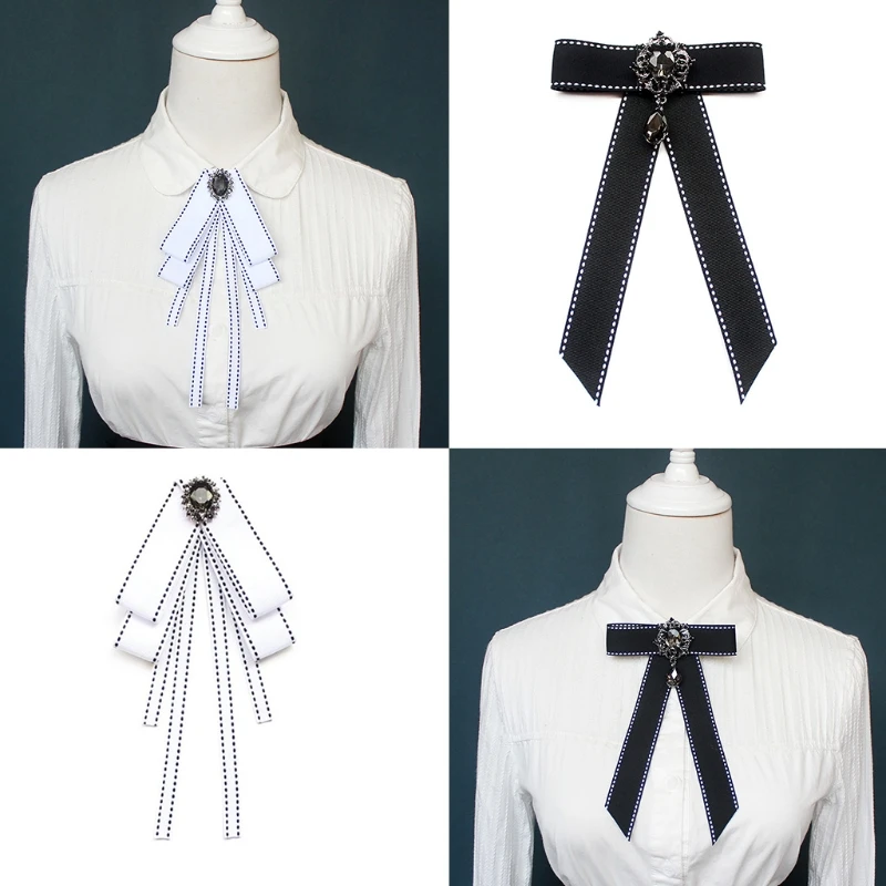 Vintage Elegant Women's Pre-Tied Pearl Ribbon Brooch Bow Tie