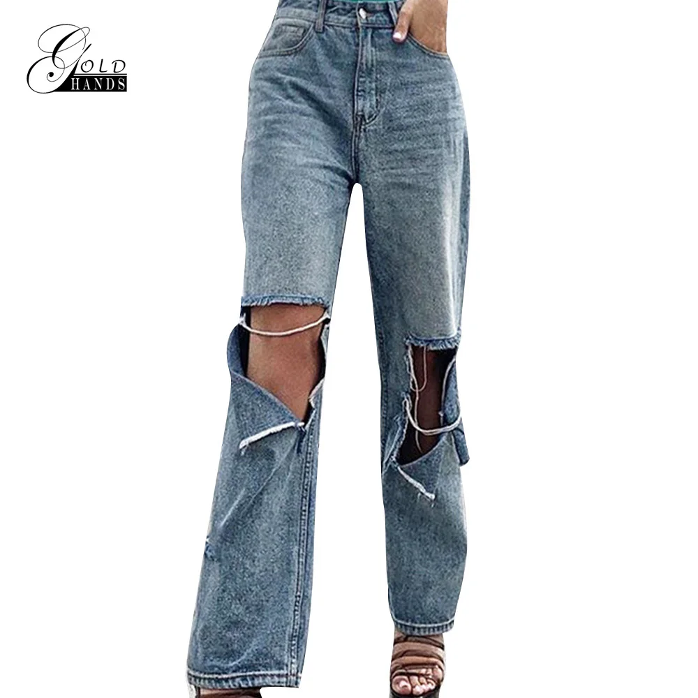 Синий Gold Hands Hole Blue Black Denim Jeans Women Korean Style High Waist Loose Ripped Jeans Streetwear Fashion Pockets Harem Pants - Цвет: Синий
