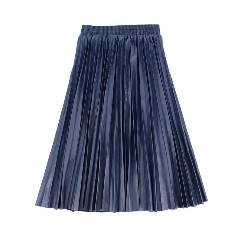 dark blue Осенняя Новинка, модная плиссированная юбка из искусственной кожи, эластичная высокая талия, универсальная женская юбка, женские юбки faldas mujer moda - Цвет: dark blue