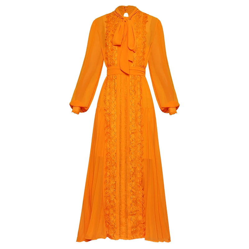 

HIGH QUALITY 2019 Designer Runway Maxi Dress Women's Lantern Sleeve Bow Collar Lace Embellished Long Dress