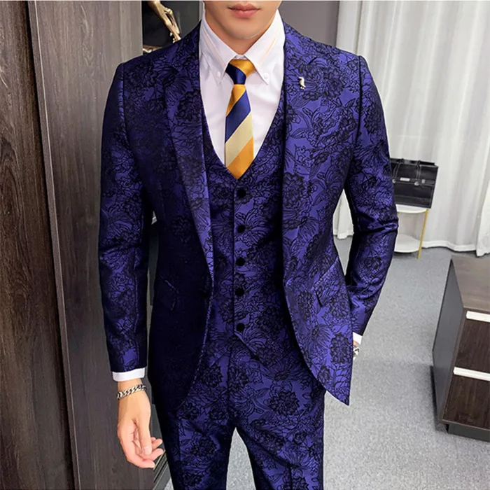 Тёмно-синий Цветочный жаккардовый костюм для мужчин Slim Fit коричневый бордовый темно-синий костюм для жениха из трех частей DJ партии выпускного вечера сценический костюм Q882 - Цвет: Тёмно-синий