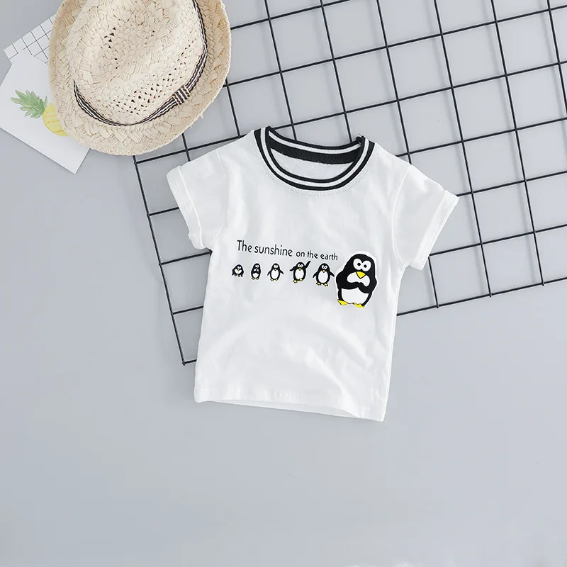 Infant Baby Girl Boys Summer Clothes Active Penguin T shirt Top & Kahki Shorts Set for Toddler Kids 100% cotton Clothing Outwear (1)