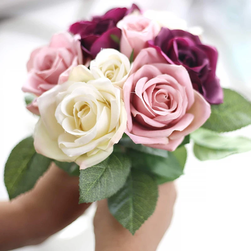 

Colorful Rose Flowers 6pcs Head+3pcs Bud Wedding Bride Bouquet Silk Decorative Flower Decor Rose Flower P20
