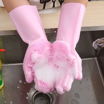 

Magic Dish Washing Gloves 1 Pairs Silicone Cleaning Gloves Kitchen Scrubber Rubber Gloves Household Cleaning Tool Car Pet Brush