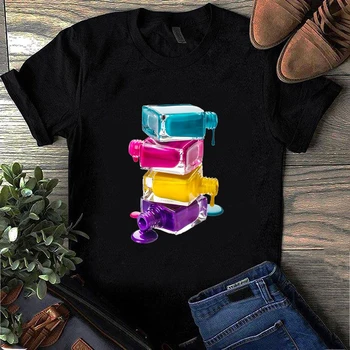 

Women Short-sleeve Tee Shirt Fashion T Shirts Nail Polish Black Tshirt Ulzzang Kawaii Harajuku Top Female Tee Top Women Clothing