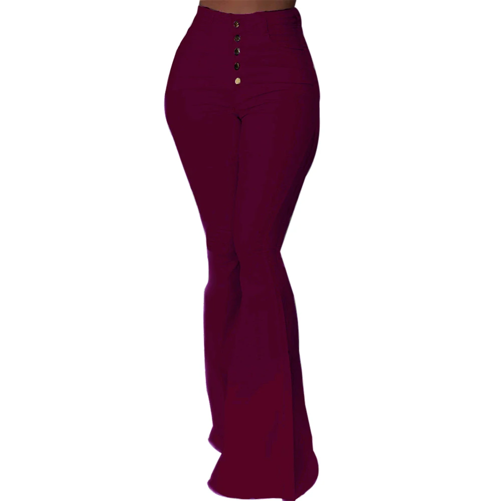 SFIT Bell-Bottom Pants Women Button High Waist Flare Pants New Trousers Slim Casual Solid Work Wear Pantalon Femme - Цвет: wine red