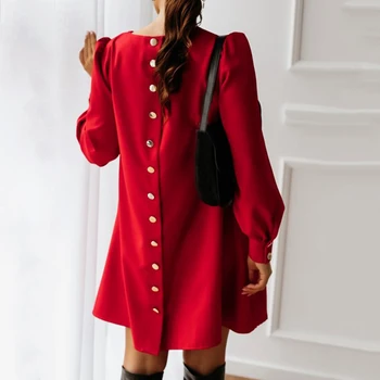 

Women Dress Back Single-breasted Mini Dresses Spring Summer Long Sleeve O-neck Metal Buttons Solid Loose A-Line Work Dress