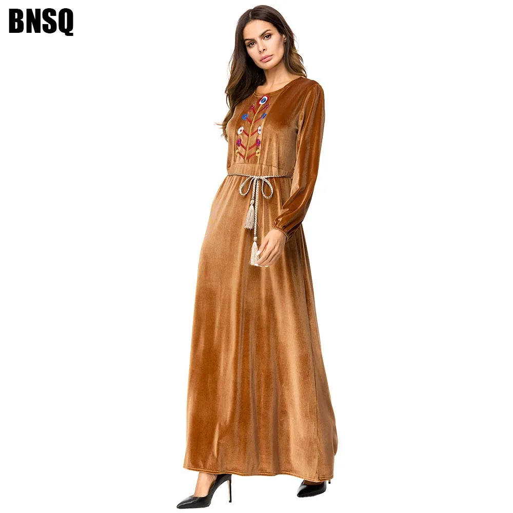 BNSQ зимнее бархатное платье с вышивкой деревьев недорого Caftan абайя кафтан