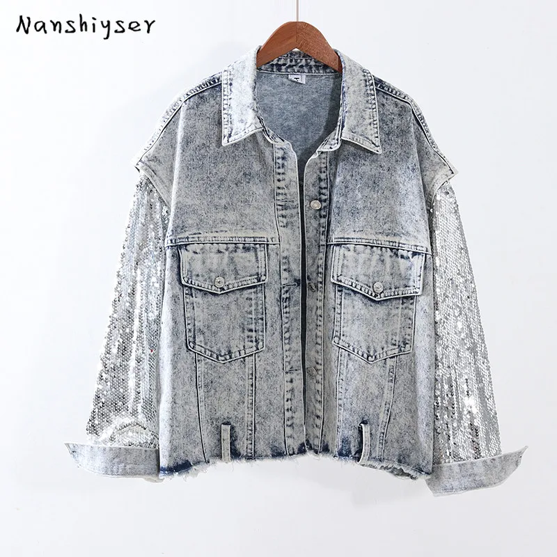 

Autumn Heavy work Sequined sleeves Stitching Denim jacket Womens Vintage Loose Oversized Frayed Casual Jean jacket Ropa de mujer