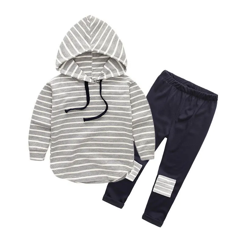 Girls' Striped Sports And Leisure Suit Hoodie Pants 2-piece Autumn Long Sleeve Kids Set Pink Grey | Детская одежда и обувь