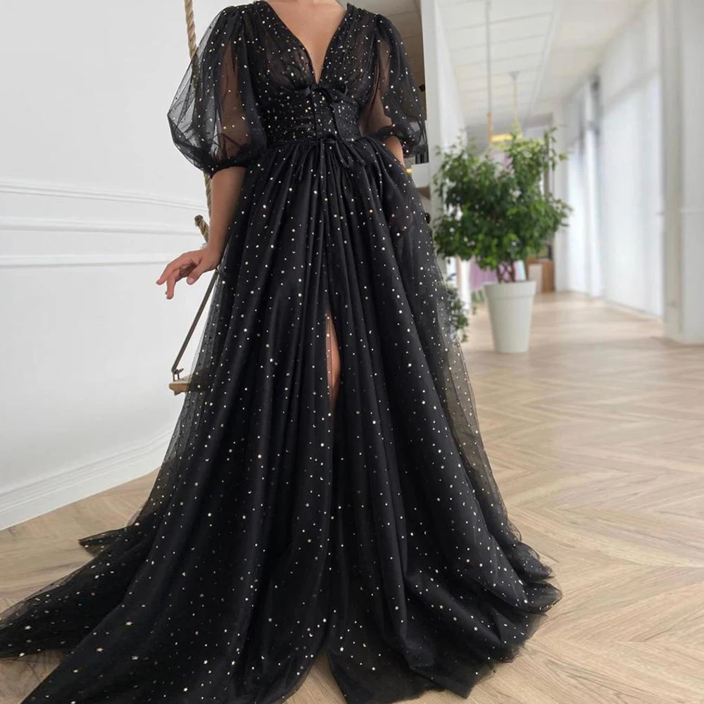 

Black Tulle Prom Dresses Sparkly V-Neck Half Puff Sleeves Ruched Wedding Party Slits Long A-Line Gowns Side Split