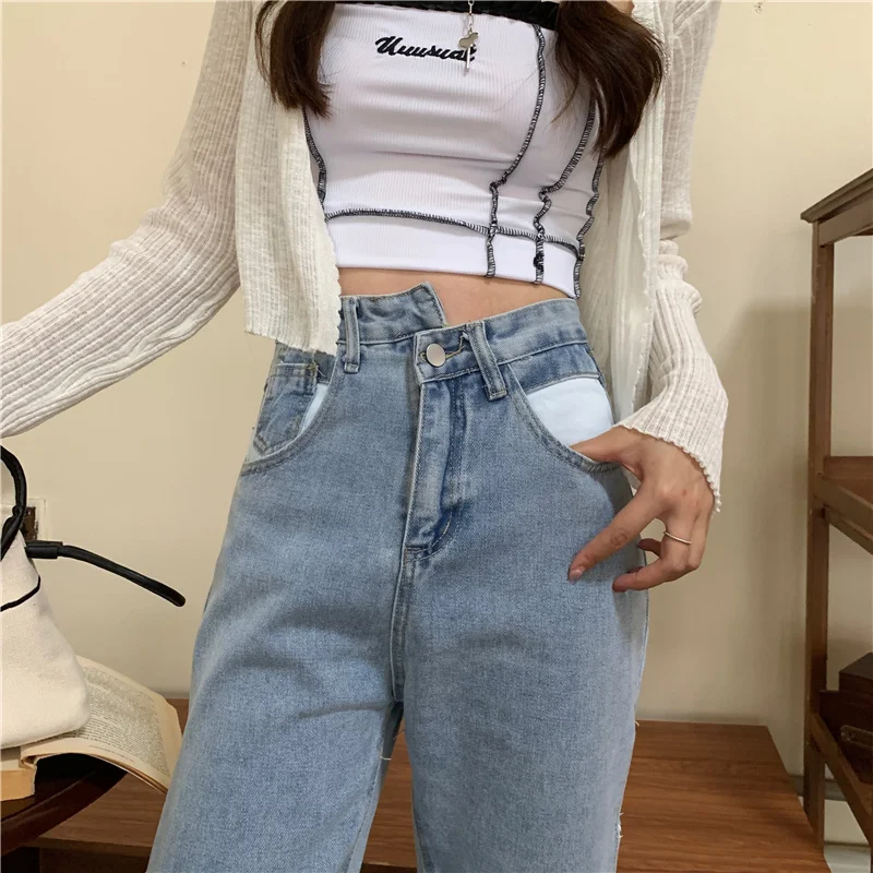 Sexy Side Split Irregular High Waist Strappy Jeans Women\'s Straight Wide Leg Denim Trousers Streetwear Harajuku Pants