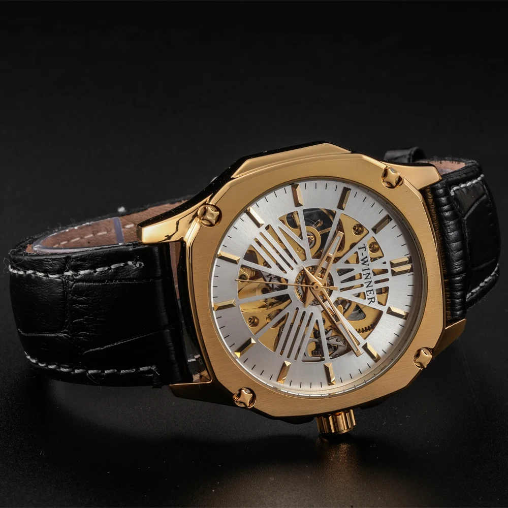 Победитель Топ бренд класса люкс золотые мужские механические часы с сетчатым ремешком Скелет циферблат Мужские Классические деловые T-WINNER наручные часы
