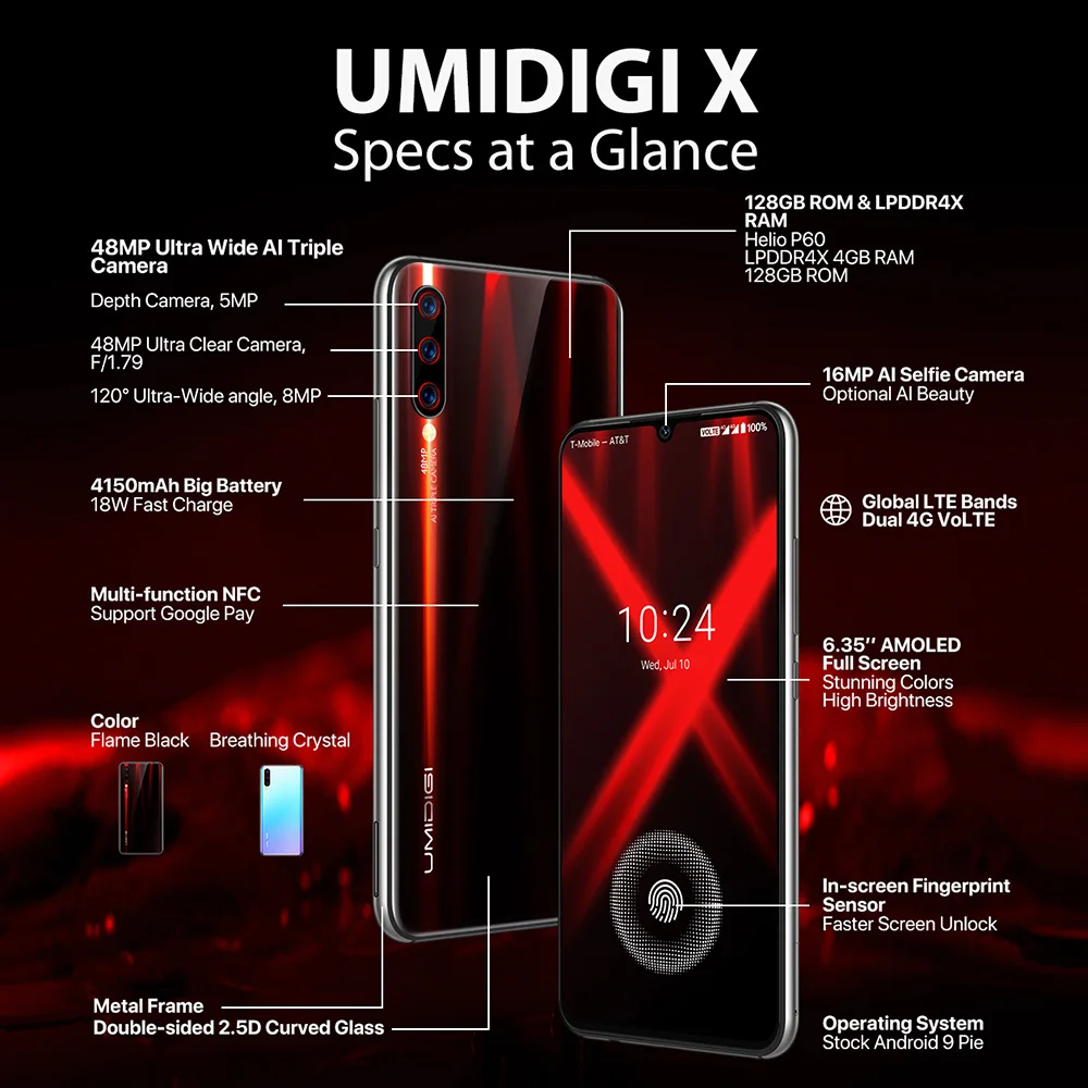 Смартфон UMIDIGI X с глобальной версией, отпечатком пальца, 4150 мАч, 6,35 дюйма, AMOLED, 4 Гб, 128 ГБ, 48 МП, тройная задняя камера NFC Helio P60