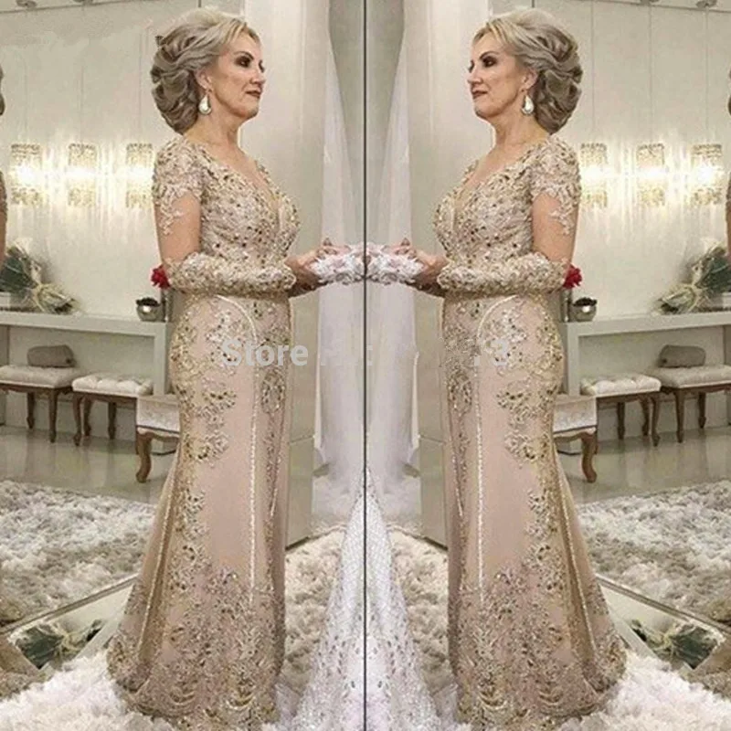 

Elegant 2019 Mother Of The Bride Dresses Mermaid Long Sleeves Lace Beaded Long Wedding Party Dresses Mother Dresses For Wedding