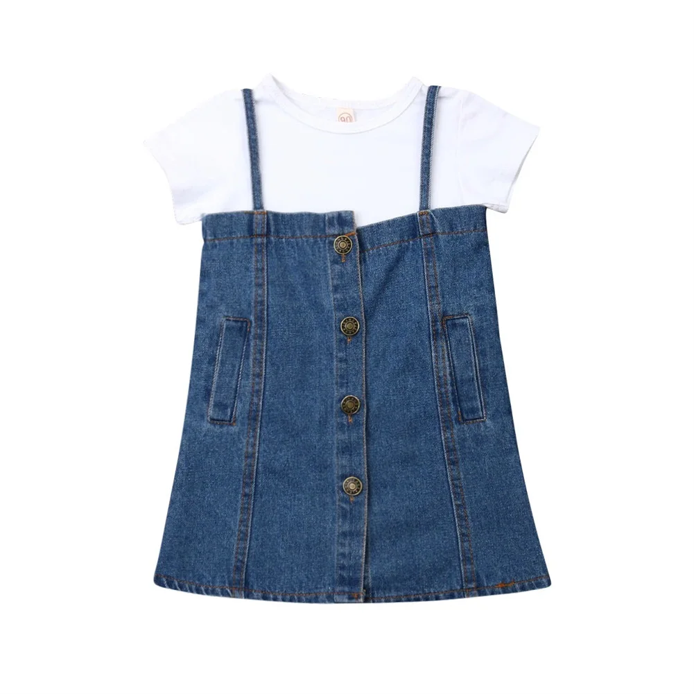 

Boutique Girl Clothes 2019 Toddler Kid Baby Girl Dress Outfit Cute Soft Cotton Shirt +Denim Strap Dress 2pcs