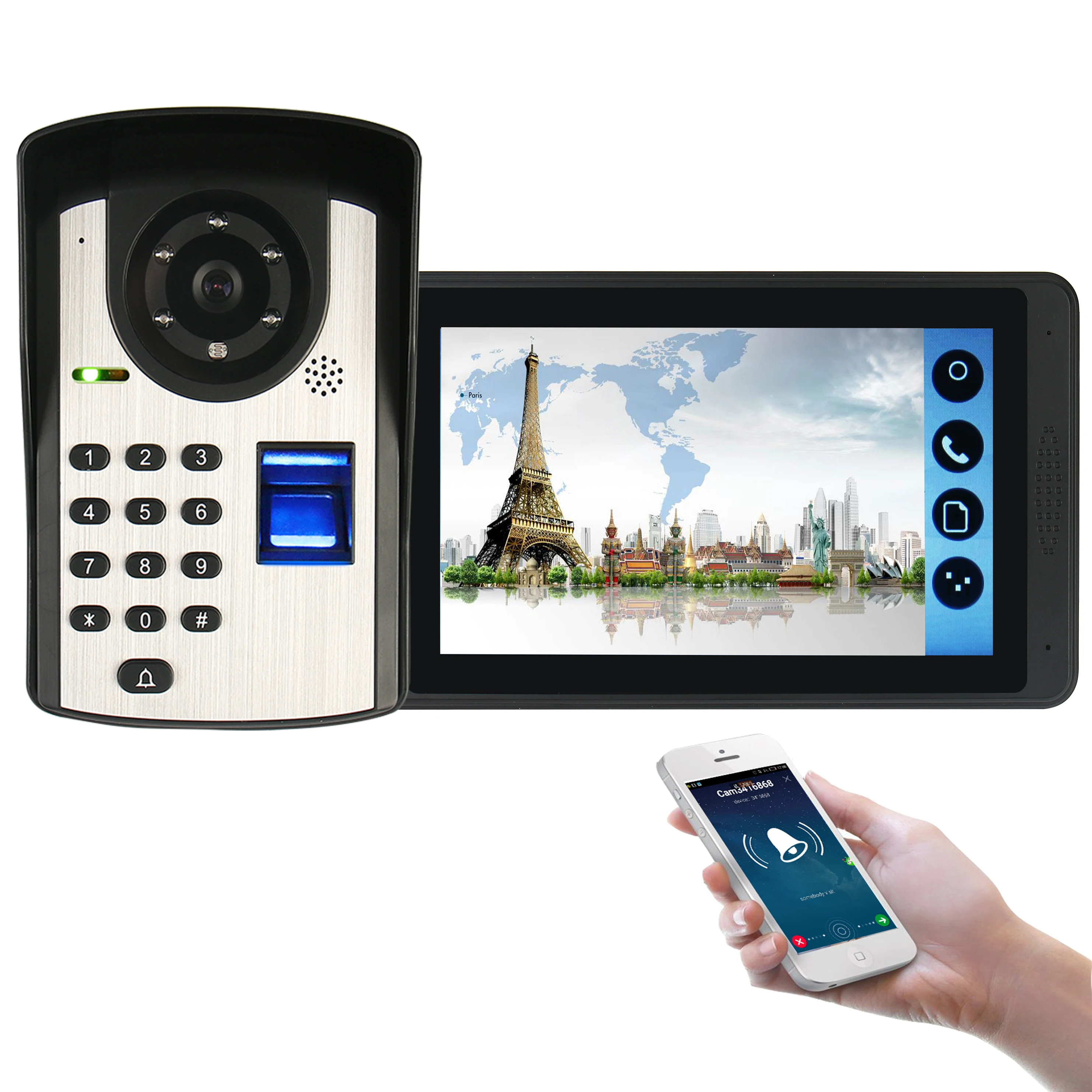 7'' WiFi Video Doorbell Luxury Finger Print Touch Screen Phone Remote Photo Night Vision Home Intercom Apartment Wired Door Bell