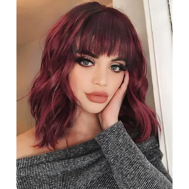 Stamped Glorious Dark Red Short Natural Wave Synthetic Wigs with Bangs for Women Cosplay Hair Resistant Fiber Daily False Hair| | - AliExpress