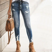 Dark Blue Ripped Jeans Pants Women's Jeans Super Stretchy Skinny Leg Denim Trousers Streetwear Casual Distressed Pant Hem
