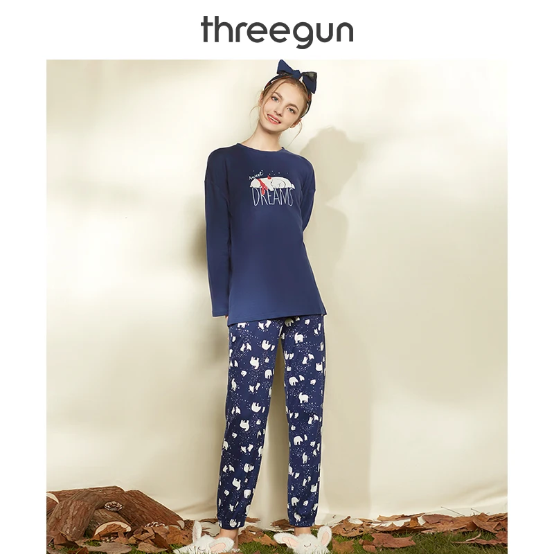 THREEGUN Пижамный комплект для женщин хлопок осень зима Нью Йорк дизайн принт одежда