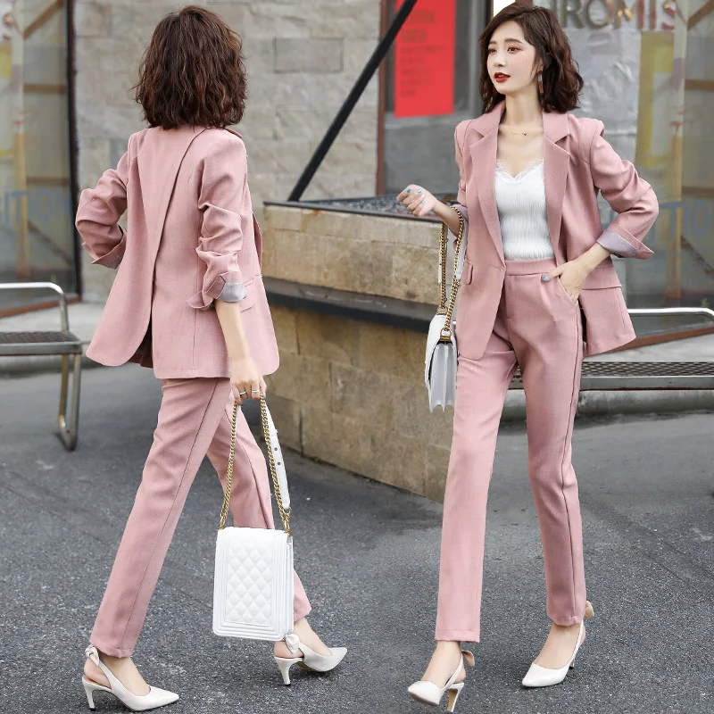 

Women Suit Pink Casual Blazer & High Waist Pant Office Lady Single Breasted Jacket Pant Suits Korean Femme 2 Pieces Set