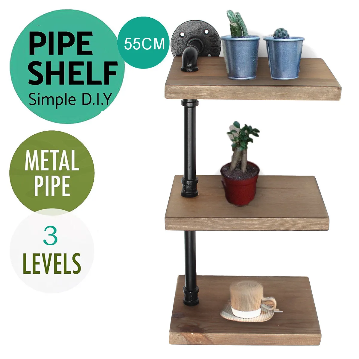 

3 Tiers Industrial Pipe Shelving Bookshelf Rustic Modern Wood Ladder Storage Shelf Retro Wall Mount Pipe Shelves