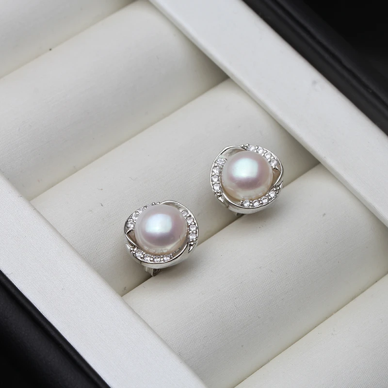 

White Natural Freshwater Pearl Woman Earrings,Vintage Flower Black 925 Silver Stud Earring Bridemaid Gift