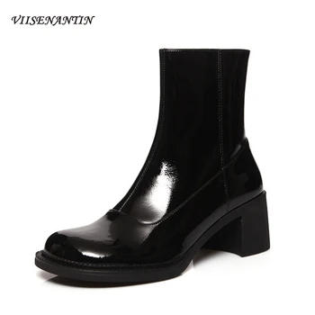 

Big Toe Solid Boots Autumn and Winter New Style Leather Retro Round Toe All-match Thick High Heel Women Handmade Ankle Boots
