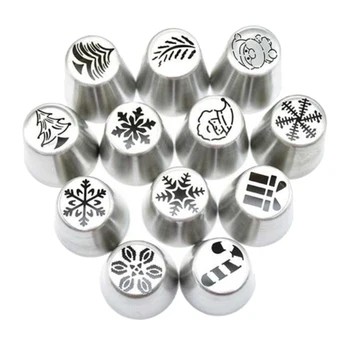

Set of 12 Christmas Icing Piping Nozzle Russian Decorating Tips Dispenser Cake Cupcake Decorator