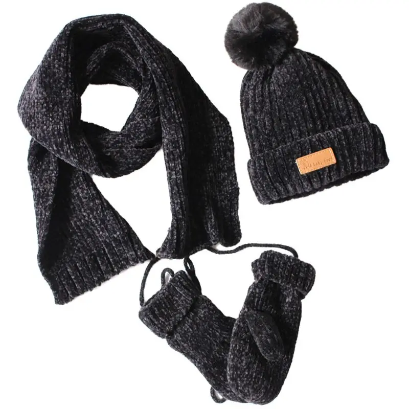 Вязаная шапка с помпоном для маленьких мальчиков и девочек, шарф, перчатки, комплект из 3 предметов, вязаная шапка в рубчик с манжетами, детская зимняя теплая спортивная одежда для улицы - Цвет: 6EE703032-BK