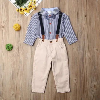 

6-24M Toddler Baby Boy Gentleman Clothes Striped Shirt Tops Bib Pants 2PCS Outfits