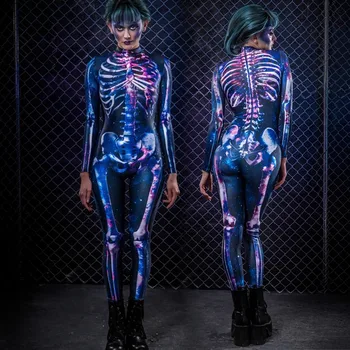 

Halloween Festival Holiday Skull Print Jumpsuit Rompers 2020 Women Turtleneck Long Sleeve Bodycon Jumpsuit Clubwear Sleepwear