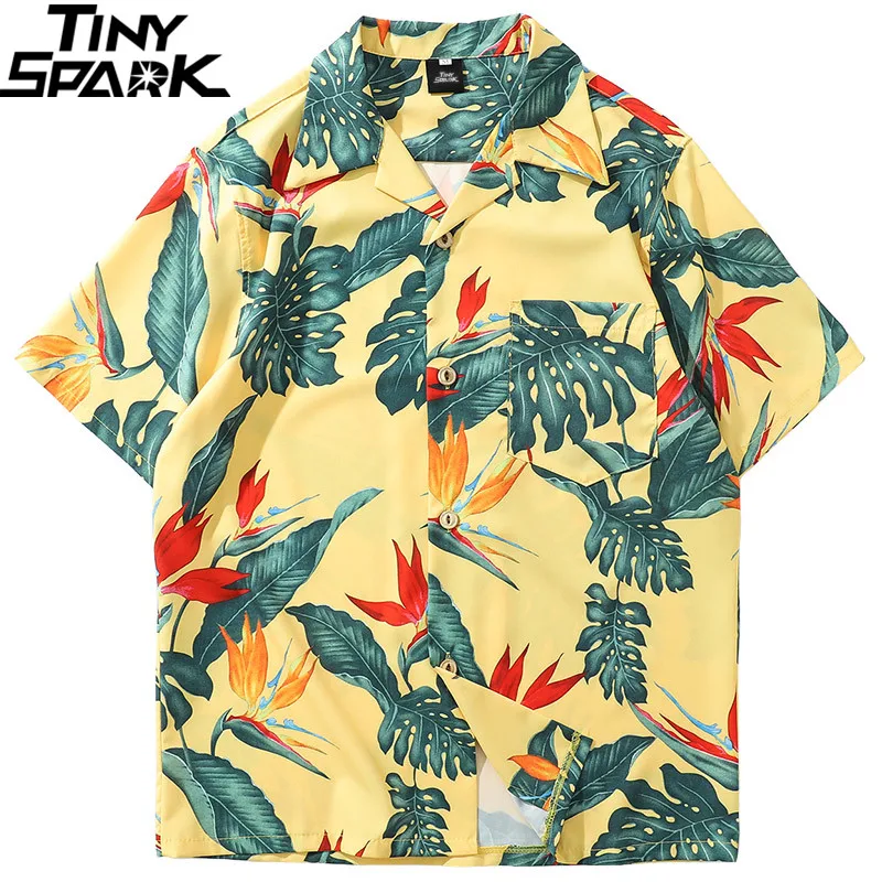Рубашка в стиле хип-хоп Ретро винтажная уличная Мужская гавайская рубашка с принтом листьев Harajuku модная летняя пляжная рубашка Топы с коротким рукавом