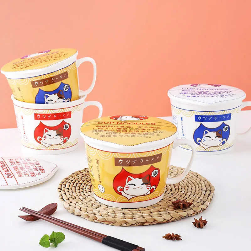 

Cat Creativity Ceramic Cup with Spoon Lid Ceramics Instant Noodle Bowl Dorm Room Student Office High Capacity Bowl Mug